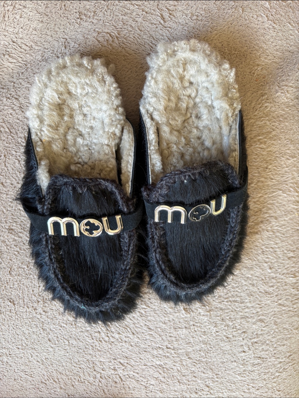 Mou Black Faux-Fur Slip-On Mules with Cream Shearling Insole and Gold Logo